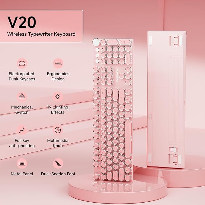 EWEADN V20 Typewriter Keyboard Wireless,104 Keys Typewriter Style Mechanical with White Backlit, Media Knob, White Switch 2.4G/Bluetooth/USB-C Retro Full Size Keyboard for Windows/Mac/PC-Dark Pink