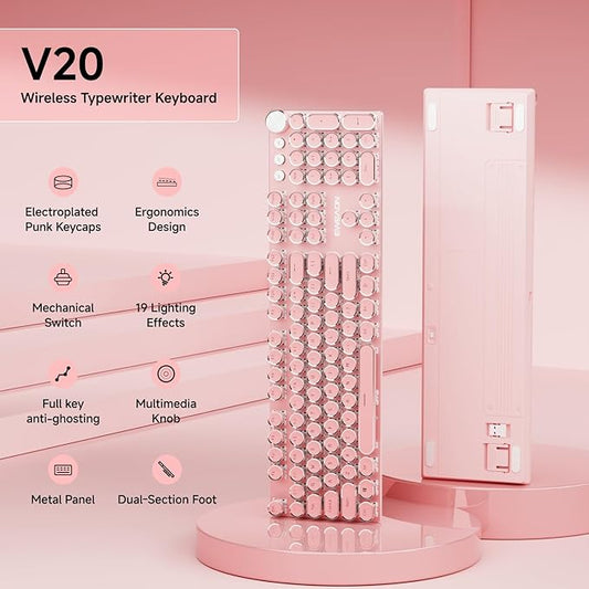 EWEADN V20 Typewriter Keyboard Wireless,104 Keys Typewriter Style Mechanical with White Backlit, Media Knob, White Switch 2.4G/Bluetooth/USB-C Retro Full Size Keyboard for Windows/Mac/PC-Dark Pink