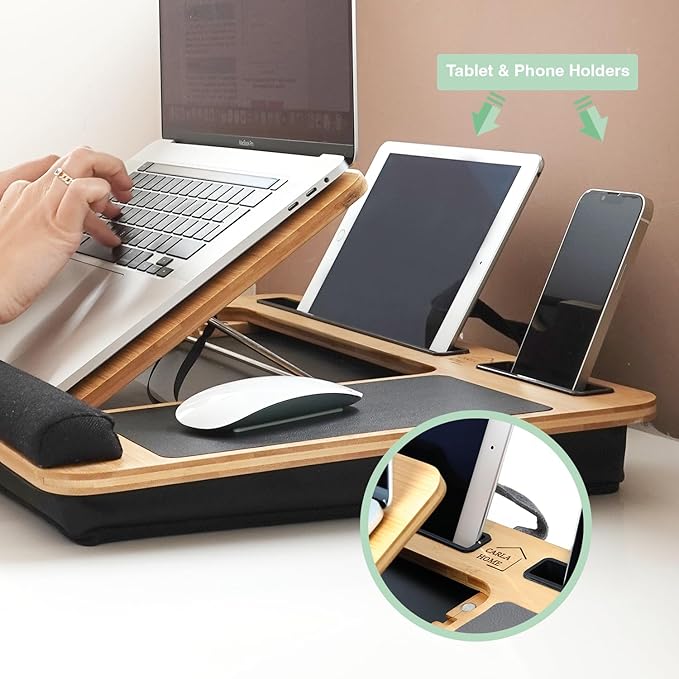 Bamboo Laptop Lap Desk with Cushion, Angle Adjustable Laptop Computer Stand Bed Desk, Portable Lap Desk w/Handles, Tablet & Phone Holder, Mouse Pad & Shields Heat (Black Sleeve Case Bag)