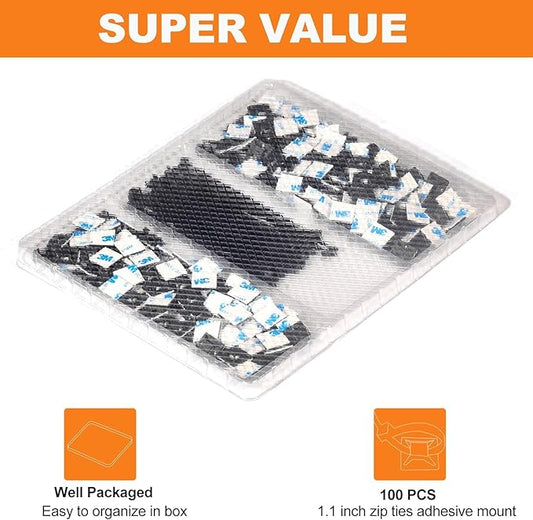 100 Pack 1.1 inch Zip Tie Adhesive Mounts Self Adhesive Cable Tie Base Holders with Multi-Purpose Tie wire clips with screw hole,Anchor stick on wire holder with 8 inch zip ties（White）