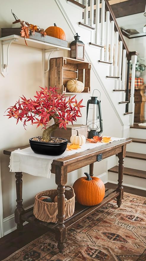 Artificial Maple Bonsai Tree, Mini Japanese Bonsai Plant in Ceramic Pot, Faux Potted Maple Desk Ornament, Indoor Tabletop Home Office Decor, Zen Garden Decoration