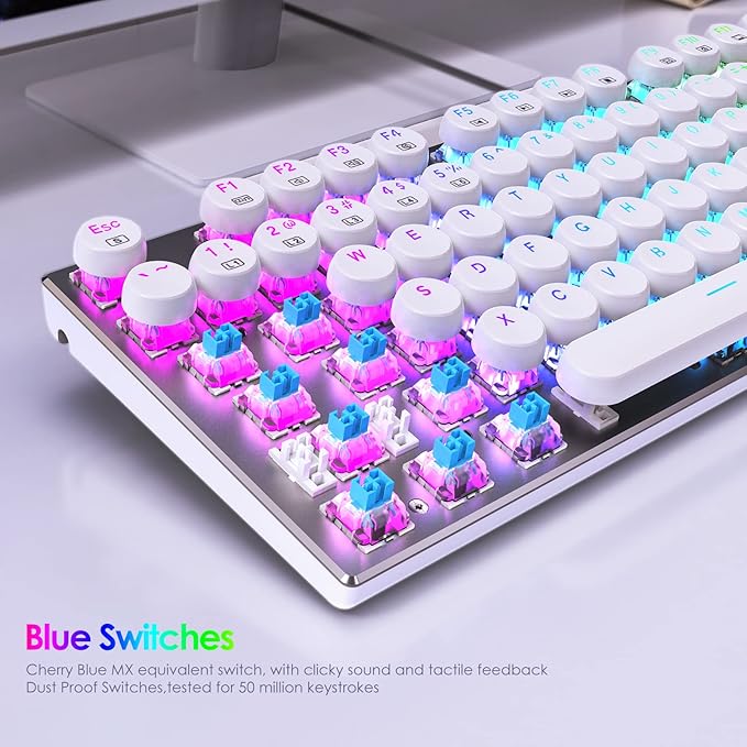 HUO JI E-Yooso Z-88 Wired Typewriter Style Mechanical Gaming Keyboard, Programmable RGB Backlit, Blue Switches - Clicky, USB-C Cable, Metal Panel, 104 Double-Shot Keycaps for PC, White