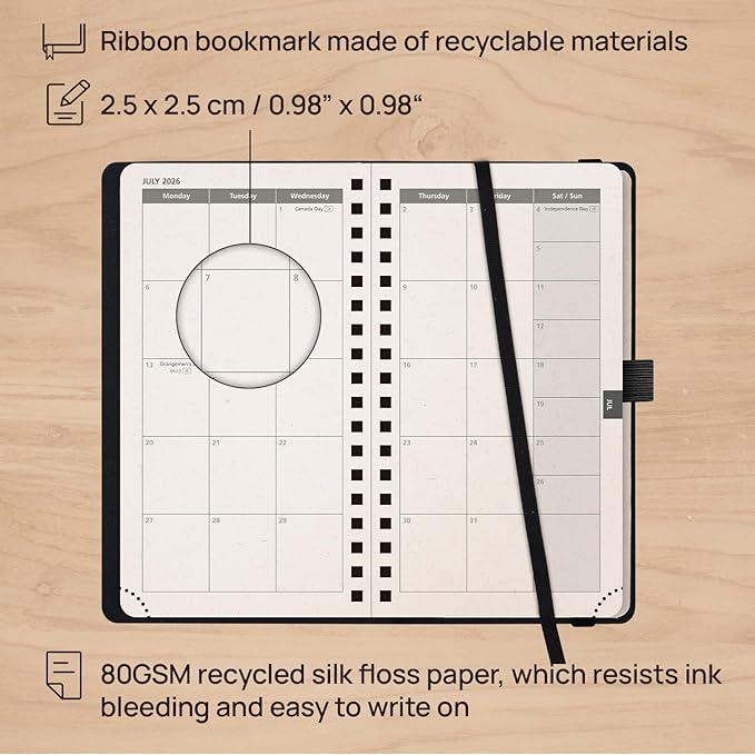 POPRUN 2026 Recycled Weekly Planner 12 Months Pocket Size (3.5'' x 6.5'') - Spiral Calendar Weekly and Monthly for Purse, with Italian Regenrated Leather, Pen Holder - Desert Brown