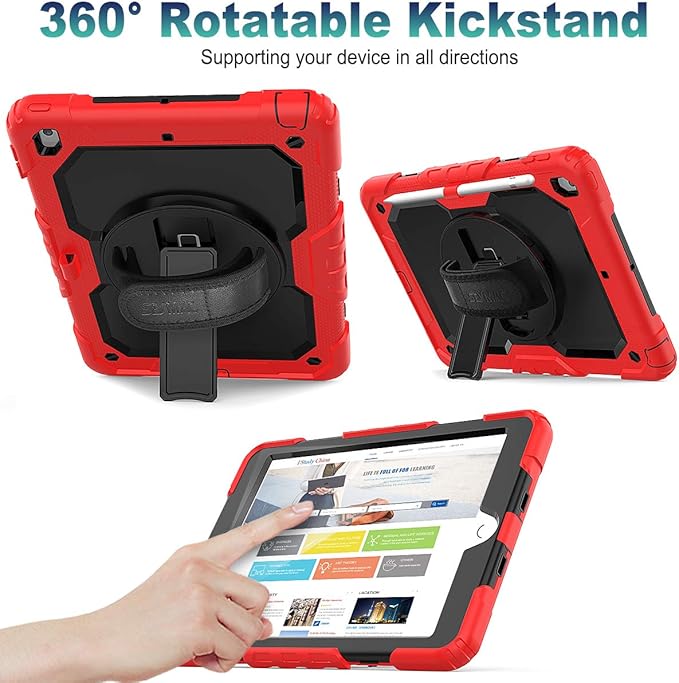 SEYMAC stock Case for iPad 9th/ 8th/ 7th Generation 10.2'', Shockproof with Screen Protector, Pencil Holder [360° Rotating Hand Strap] & Stand, for iPad 10.2 inch 2021-2019 (SiliconeRed+Black)
