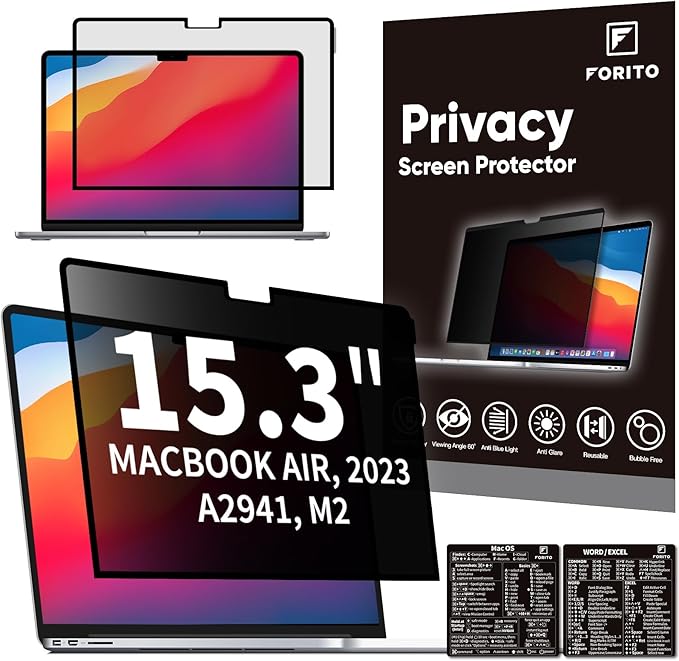 F FORITO Laptop Privacy Screen Protector Compatible with Apple MacBook Air 15.3-inch 2024 2023 Release M3 A3114 M2 A2941, Removable Anti Blue Light Crystal Clear Privacy Screen Filter