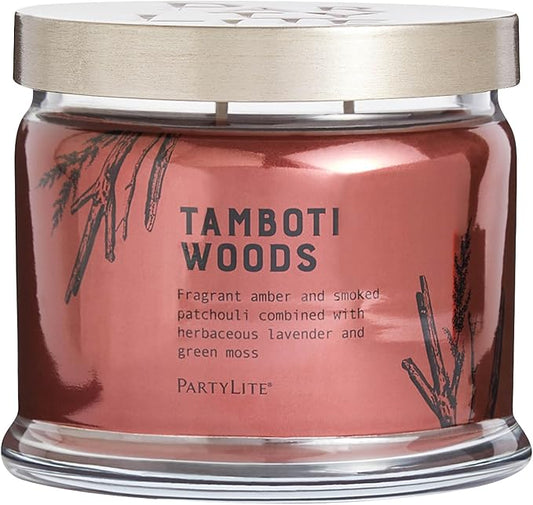 PartyLite Tamboti Woods Scented, Notes of Exotic Amber, Patchouli, Lavender & Green Moss, 13.2oz 3-Wick Jar Candle, 45 Hour Burn Time, Luxurious Fragrance, Perfect for Gifting