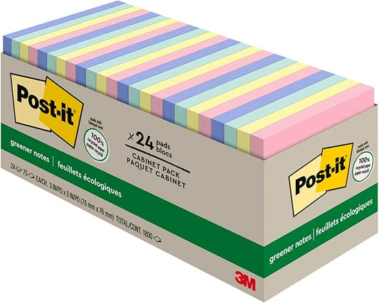 Post-it Greener Notes, 3x3 in, 24 Pads, America's #1 Favorite Sticky Notes, Sweet Sprinkles Collection, Pastel Colors, Clean Removal, 100% Recycled Material (654R-24CP-AP)
