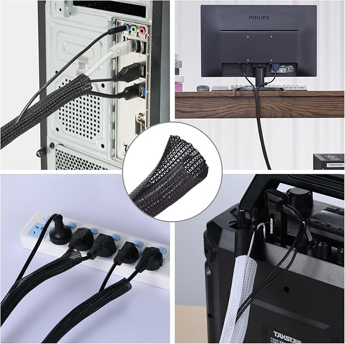 AGPTEK Cable Sleeve Cover, 2Pack 5ft - 1.8 inch Desk Cord Organizer Cable Hider, Home Office Wire Management Computer TV Wire Loom Tubing, Pet Proof Cord Protector, from Cat Dog Chewing, Black