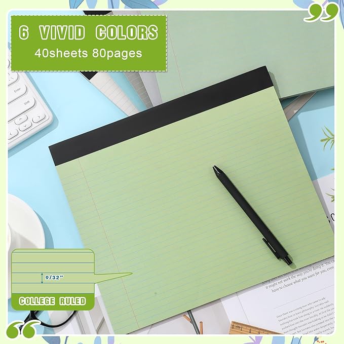 Lincia 6 Pcs 11" x 9.5" Legal Pads College Ruled Notepad Landscape Notebook Horizontal Lined Notebook 80 Gsm Assorted Colors Paper Pastel Writing Pads for School Office, 40 Sheet (Natural Color)