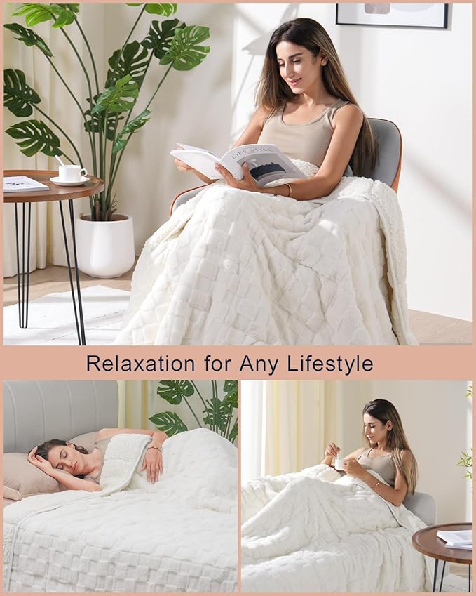 Kivik 15 lbs Weighted Blanket for Adults, Buttery Soft Checkered Heavy Blankets Throw for Bed Sleeping & Calming, Dual Sided Fluffy Fleece Washable, Warm Comfort, Queen Size 60 x 80 inches, Beige