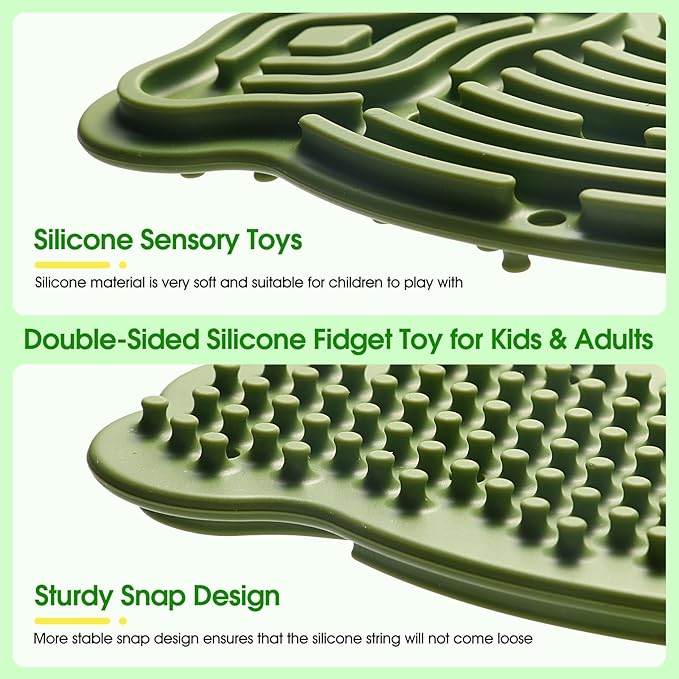 Sensory Activity Board Silicone Fidget Toy, Double-Sided Rainbow Sensory Toys for Autism, Stress, Anxiety, ADHD, Kids 3+& Adults, Includes Travel Bag & 12 Strings, Green