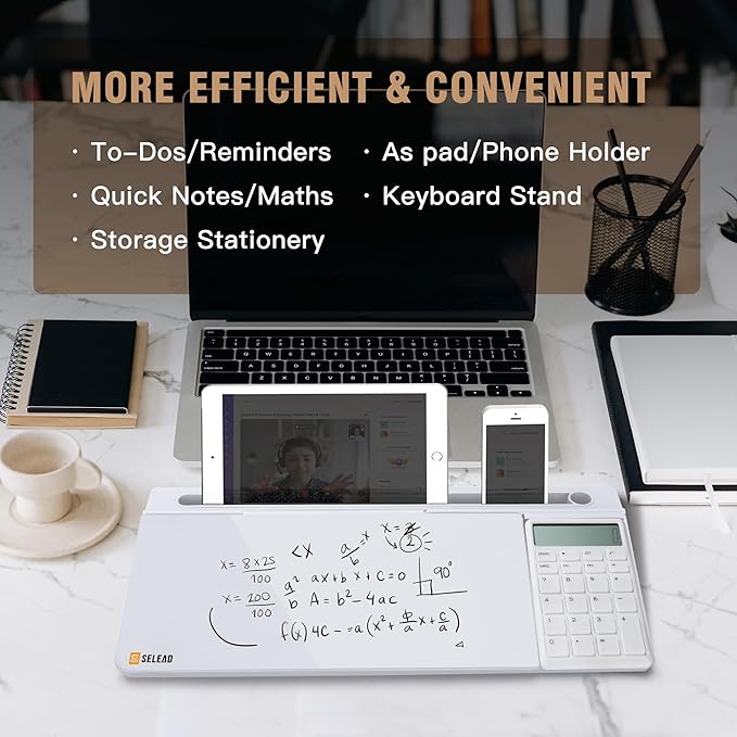 SELEAD Desktop Glass Whiteboard with Calculator, Organizer, Markers, Eraser, Holder - Small Dry Erase White Board Computer Pad Keyboard Stand Desk Drawer Accessories for Home, School, Office