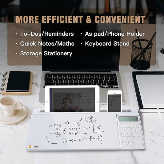 SELEAD Desktop Glass Whiteboard with Calculator, Organizer, Markers, Eraser, Holder - Small Dry Erase White Board Computer Pad Keyboard Stand Desk Drawer Accessories for Home, School, Office