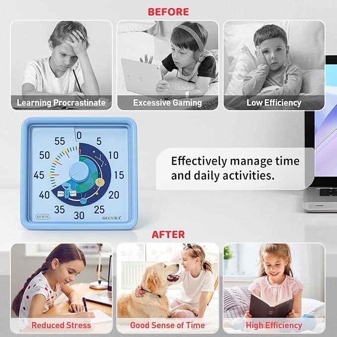 Secura 60-Minute Visual Timer for Kids, Time Clocks, Countdown Timer for Office Kitchen, Classroom Timer for Kids, Silent Time Management Tool (Blue & Blue)