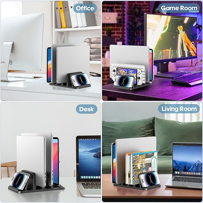 KDD 4-Slot Vertical Laptop Stand with Gravity Locking, 6-in-1 Laptop Holder Desktop Stand, Space-Saving Organizer Fits MacBook/Surface/HP/Dell/Book/Tablet/Switch/Cell Phone and Keyboard