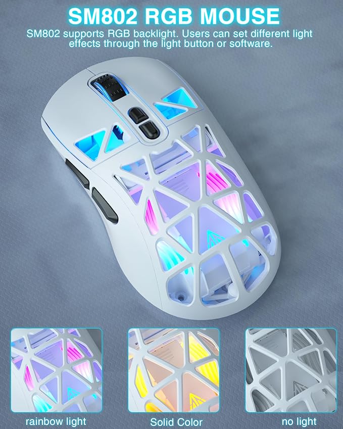 SM802 White Wireless Gaming Mouse,10000 DPI,Tri-Mode Wired/BT 5.0/2.4GHz Wireless Mouse Gaming with Side Button,RGB Programmable Macro Mouse for Laptop