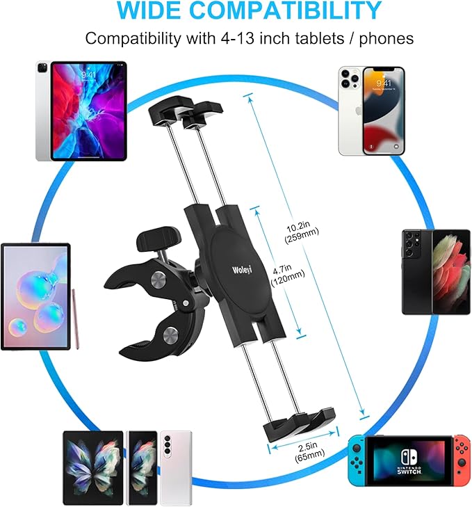 Stroller Tablet Holder for Baby, Phone iPad Holder Mount Handlebar Clamp for Golf Cart, Wheelchair, Scooter, Gym Bicycle, Workout Equipment, Tripod for iPad Pro 12.9, Air, Mini, Tabs, iPhone (4.7-13")