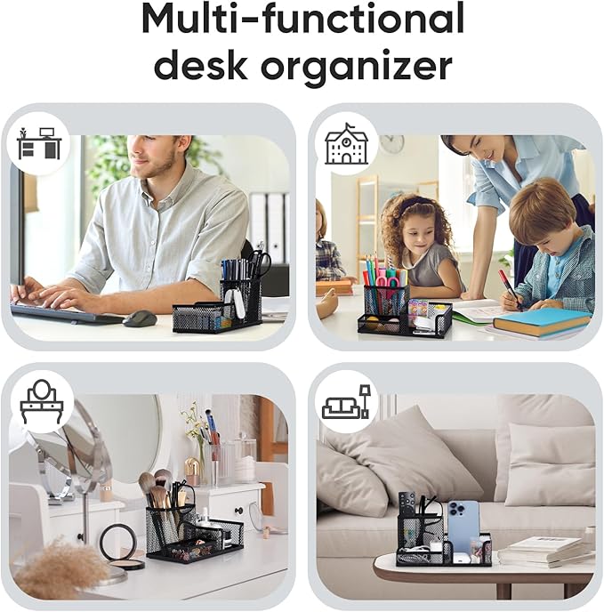 deli Mesh Desk Organizer Office Supplies Caddy with Pencil Holder and Storage Baskets for Desktop Accessories, 3 Compartments, Black