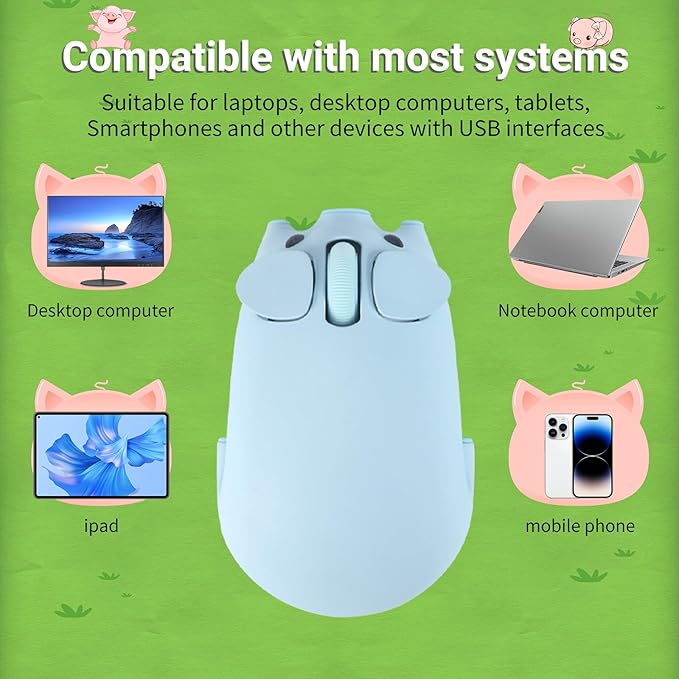 Cute Pig Design Wireless Mouse - Dual Mode Bluetooth & USB, Silent Operation, Ergonomic, Ideal for Laptops & PCs, for Animal Lovers and Family (Blue)