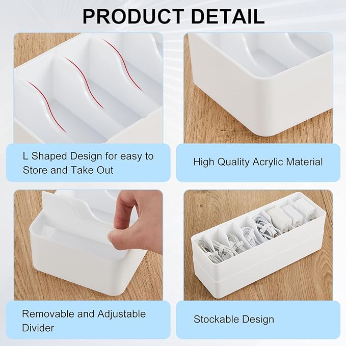 Tatuo 4 Pcs Cable Organizer with 40 Wire Ties, Plastic Cord Storage Charger Box Electronics Organizer with Adjustment Compartments Cable Storage for Drawer Home Office Desk Accessories (White)