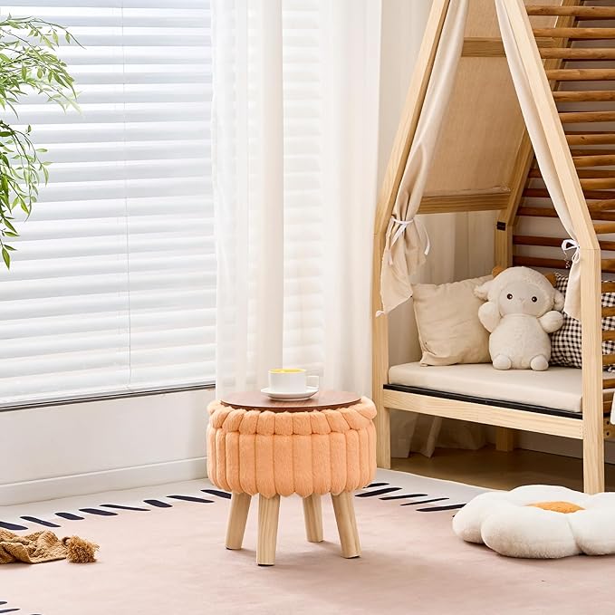 Wimarsbon Storage Ottoman,Soft Faux Fur Footstool with Padded Seat, Small Reading Vanity Chair, Footrest with Wood Tray for Couch, Mini Coffee Table or Display Stand (Orange, Round Storage)