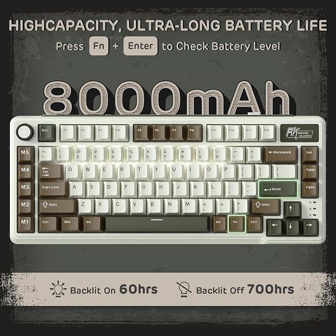 RK ROYAL KLUDGE L75 Gasket Mount Mechanical Keyboard w/Knob/Macro Keys & Touchable Nameplate, Tri-Mode 75% TKL Wireless Keyboard BT/2.4G/USB-C, Hot Swappable, Pro Software, Massive 8000mAh Battery