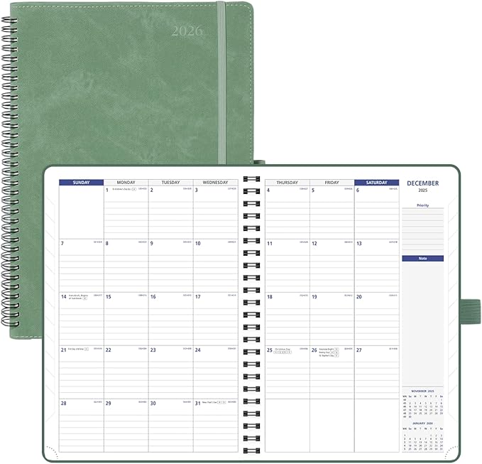 POPRUN 2026-2027 Monthly Planner A4 Size, 16 Months Calendar (Dec 2025-Mar 2027), 2 Pages per Month with Dotted & Lined Note, Monthly Tabs, Spiral Softcover, 2 Inner Pockets - Midnight Green