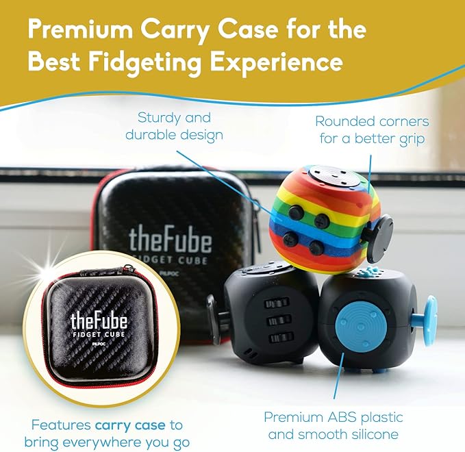 PILPOC theFube Fidget Cube, 6-Sided Stress Relief Infinity Cube for Adults & Kids, Boosts Concentration, Mindfulness Aid, Silent & Audible Modes, Includes Carry Case for Portability (Rainbow)
