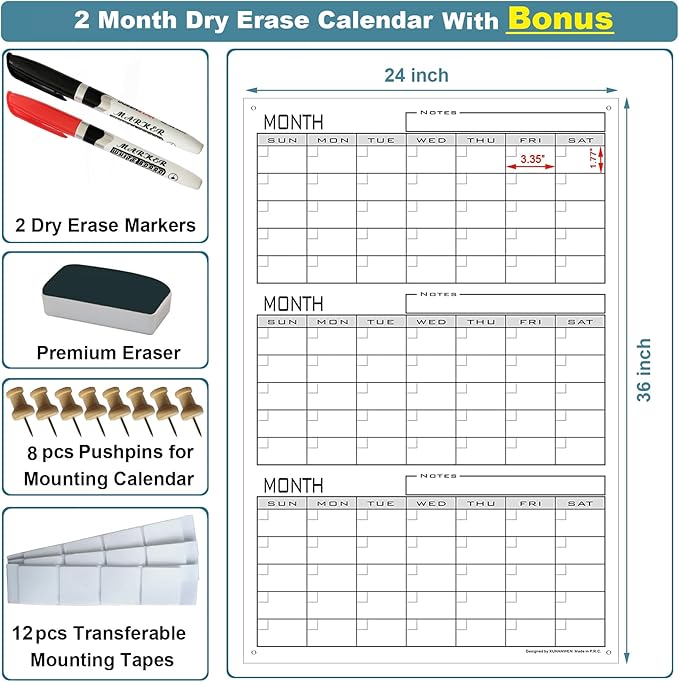 Large 3 Month Dry Erase Calendar For Wall,36x24 Inch Jumbo Undated Three Month Whiteboard Calendar For Medium Office,Giant Reusable Laminated 90 Days Vertical Wall Planner Poster For Home,School