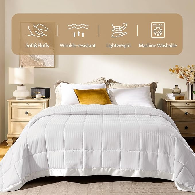 downluxe Queen Size Blanket with Satin Trim, Lightweight Down Alternative Blankets Queen Size for All Season, Machine Washable (Ivory, 90x90 Inch)
