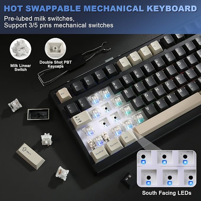 YUNZII YZ98 Gasket Mechanical Keyboard,99 Key Hot Swappable BT5.0/2.4G/USB-C Wireless NKRO 98% 1800 Layout with RGB LED Backlit for Linux/Win/Mac(Milk Switch, Black)