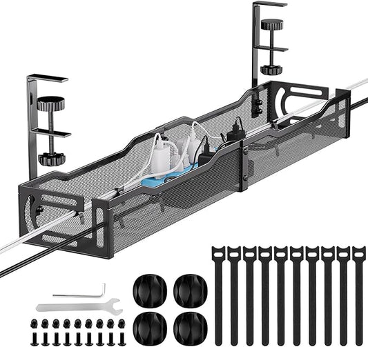 Cable Management, 25'' Cable Management Under Desk No Drill, Metal Cord Organizer with Clamp for Standing Desk, Cable Organizer for Home Office, Black