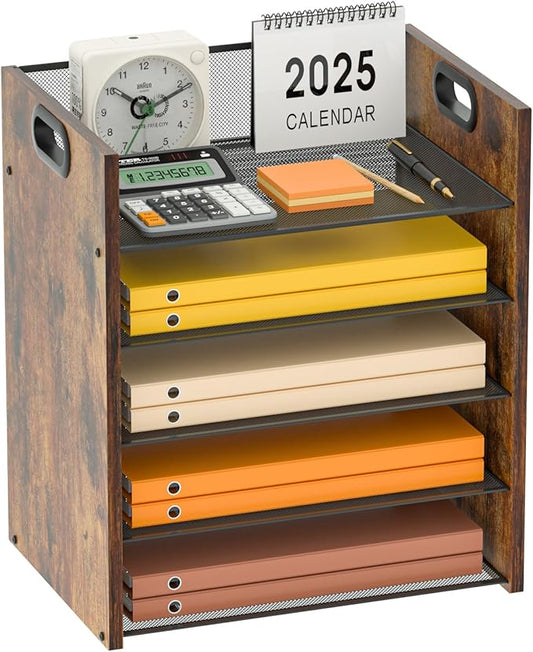 5 Tier Wood Paper Organizer for Desk, Metal Office Organizer and Accessories with Handle, Mesh File Holder for Desk, File Cabinets for Home Office, School