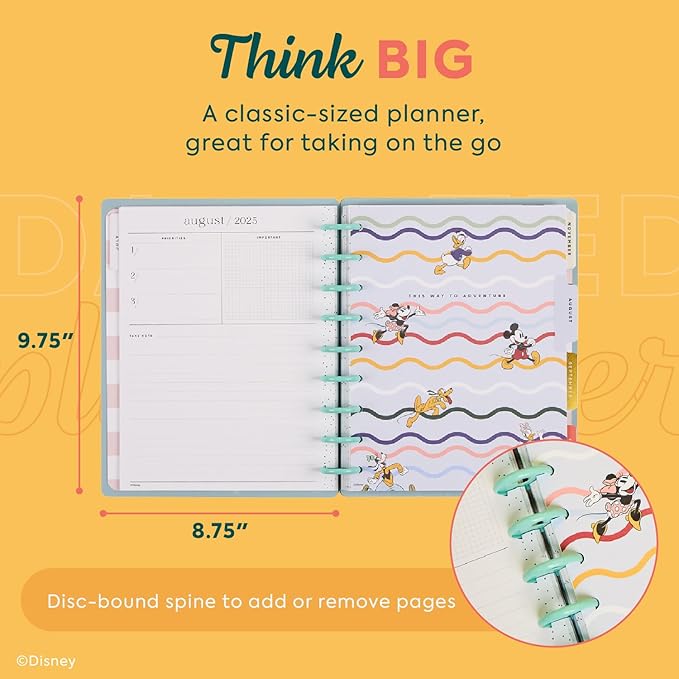 Happy Planner Disney Disc-Bound 12-Month Academic Planner, July 2025-June 2026 Planner, 3 Extra Months, 2 Sticker Sheets, Classic Size, Teacher Layout, Mickey Mouse & Friends Theme, Current Classroom