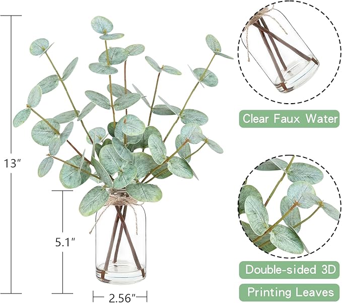 Artificial Eucalyptus Stems in Glass Vase with Faux Water,Artificial Plants Eucalyptus Leaves for Shelf Desk Bathroom Farmhouse Room Coffee Table Home Decor, Central Decoration.