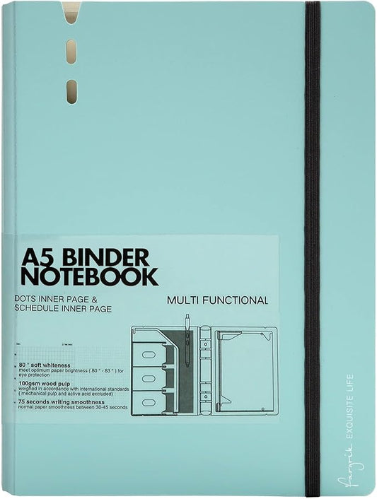 CAGIE A5 Binder 6 Ring Notebook with Dividers Refillable Planner Binder with Pockets, Refill Paper Include Planning Square Ruled and Dotted Pages, 6.89 x 9.25 In, (Blue, A5 Daily&Dot Page)