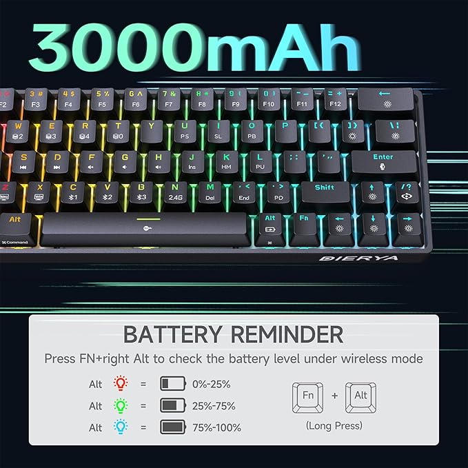 DIERYA DK63 60% Wireless Mechanical Gaming Keyboard | Bluetooth/2.4G/Wired | RGB Backlit | Anti-Ghosting Compact 63-Keys Mini Keyboard | with Blue Switch | for Windows Laptop PC Gamer Typist-Black