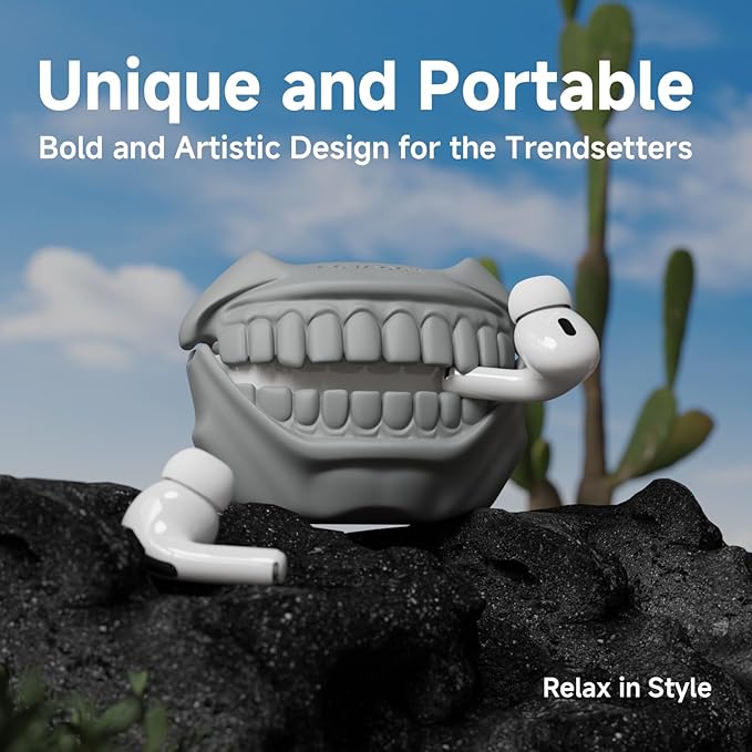 for AirPods Pro 2nd Generation Case, Unique Funny Teeth Design, Soft Silicone Shell, Compatible with Wireless Charging (Rock Gray)