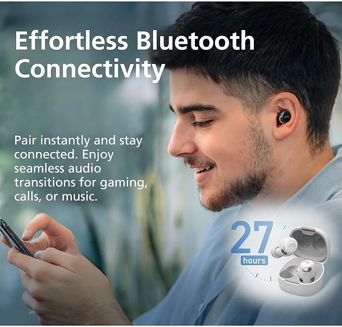 JVC True Wireless Compact Earbuds – Active Noise Cancelling - Bluetooth 5.3 Ear Buds Headphones for iPhone, Android - 27 Hr. Playback, Low Latency Mode - IPX4 Sweat/Rain Proof, Quick Charge Case, Mic