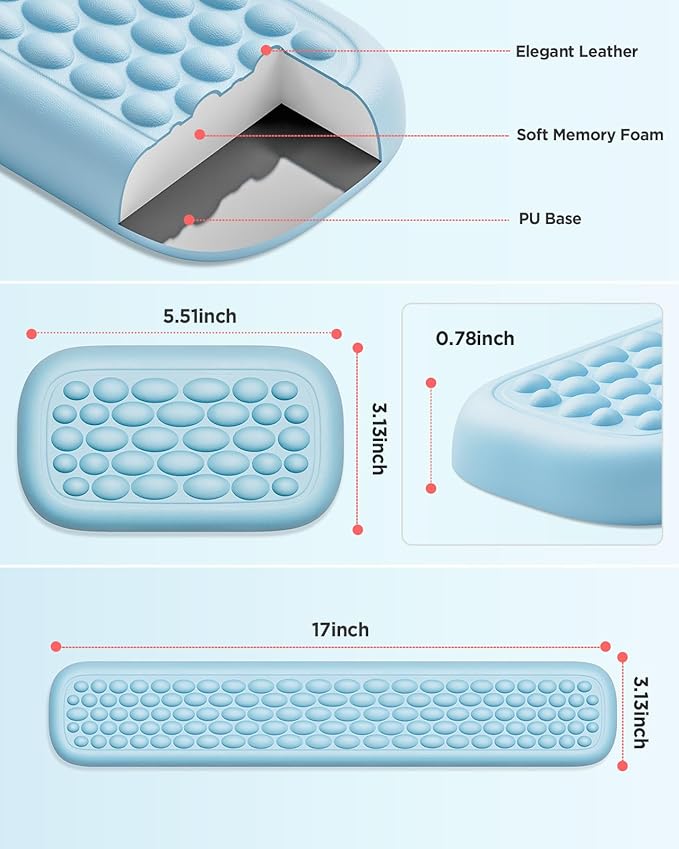 Lekvey Ergonomic Wrist Rest for Computer Keyboard - Memory Foam with Massage Points & Waterproof PU Leather Wrist Pad, Carpal Tunnel Support for Office/Gaming, Typing Pain Relief, Easy-Clean（Blue）