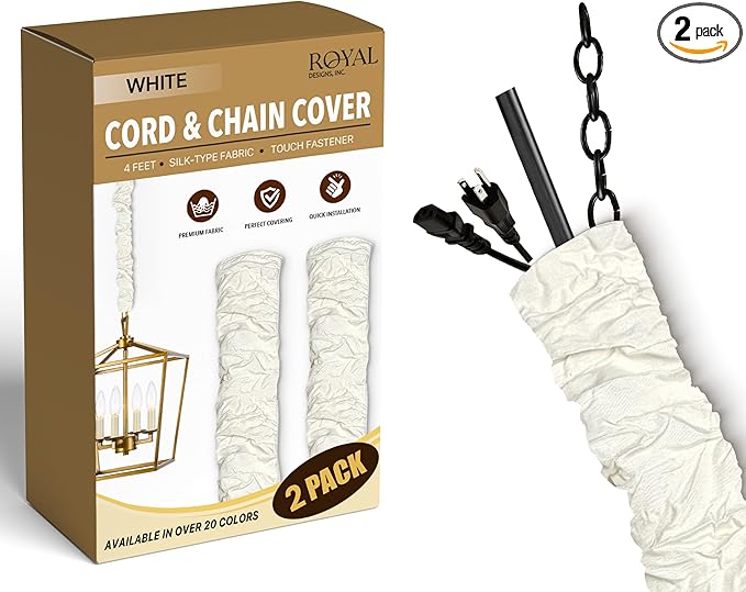 Royal Designs, Inc. Cord & Chain Cover 4 ft Silk Type Fabric, Chandelier Pendant Lighting Chain & Cable Management, Touch Fastener, White - 2 Pack