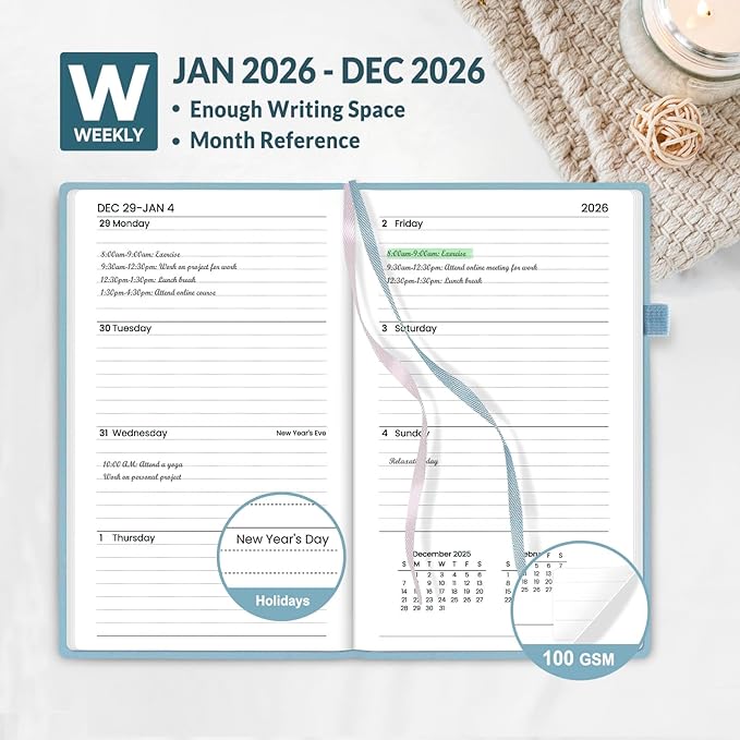 SUNEE 2026 Pocket Weekly Planner for Purse 3.5" x 6" - 12 Month (January 2026 - December 2026), Small Size Planner, Hardcover, Notes, Pocket, 100 GSM Paper, Gray Blue