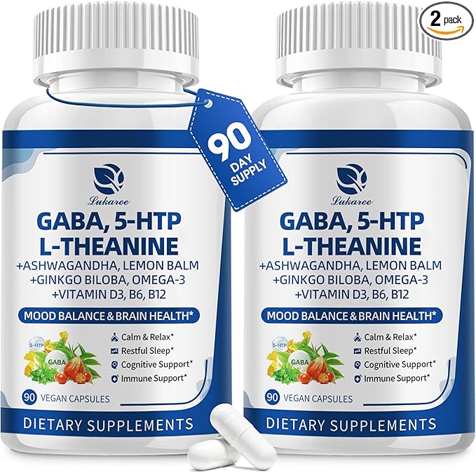 GABA Supplements 750mg with L Theanine, 5HTP, Ashwagandha, Lemon Balm, Ginkgo Biloba, Omega-3, 10 in 1 GABA Calm Capsules for Sleep, Relaxation, Focus, Mood Support, Cortisol Balance - 2 Pack
