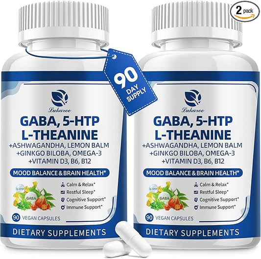 GABA Supplements 750mg with L Theanine, 5HTP, Ashwagandha, Lemon Balm, Ginkgo Biloba, Omega-3, 10 in 1 GABA Calm Capsules for Sleep, Relaxation, Focus, Mood Support, Cortisol Balance - 2 Pack