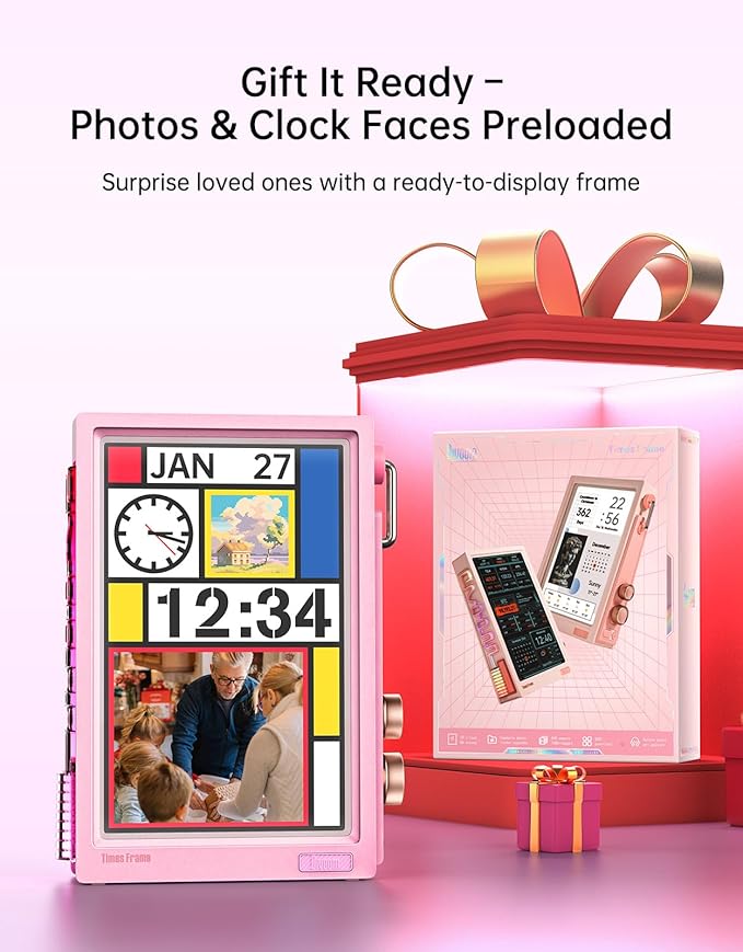 Divoom Times Frame-10.1" Digital Picture Frame Transparent IPS with RGBLED Rotary Knob WiFi 64GB 400+Clock Faces Widget 50+API Feeds Gift Mode Pixel Art Community Personalized Display (Pink)