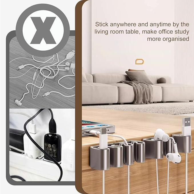 Cord Organizer, 6 Pcs Cable Clips, Cable Smooth Adjustable, Organise Mobile Phone Charging Cables, Suitable for Organising Bedside Cabinets, Walls, Desks, Cars (1-Hole)