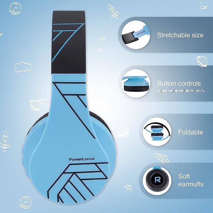 PowerLocus Bluetooth Headphones for Kids, Wireless Foldable Headphones Over Ear, Headphone with Microphone, 85DB Volume Limit, Wireless and Wired Headset with Micro SD, FM for Cellphones, Tablets, PC