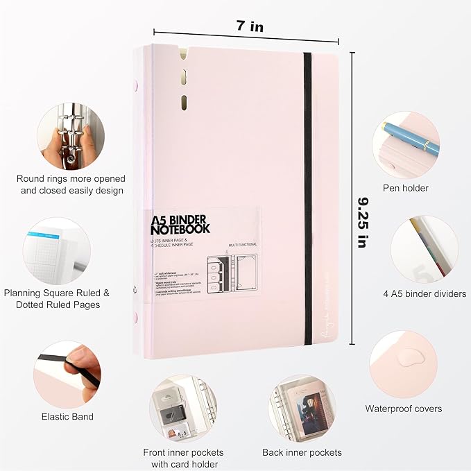 CAGIE A5 Binder 6 Ring Notebook with Dividers Refillable Planner Binder with Pockets, Refill Paper Include Planning Square Ruled and Dotted Pages, 6.89 x 9.25 In, (Pink, A5 Daily&Dot Page)