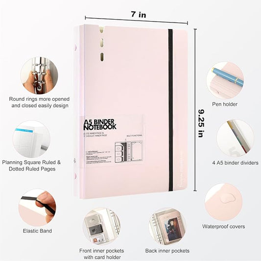CAGIE A5 Binder 6 Ring Notebook with Dividers Refillable Planner Binder with Pockets, Refill Paper Include Planning Square Ruled and Dotted Pages, 6.89 x 9.25 In, (Pink, A5 Daily&Dot Page)