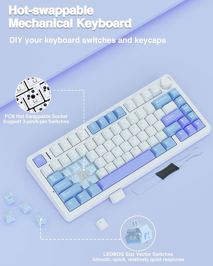 AULA F75 75% Wireless Mechanical Keyboard, Hot Swappable Creamy Keyboard, Pre-lubed Star Vector Switches RGB Backlit Gaming Keyboards, 2.4GHz/Type-C/BT5.0(White&Blue&Purple)